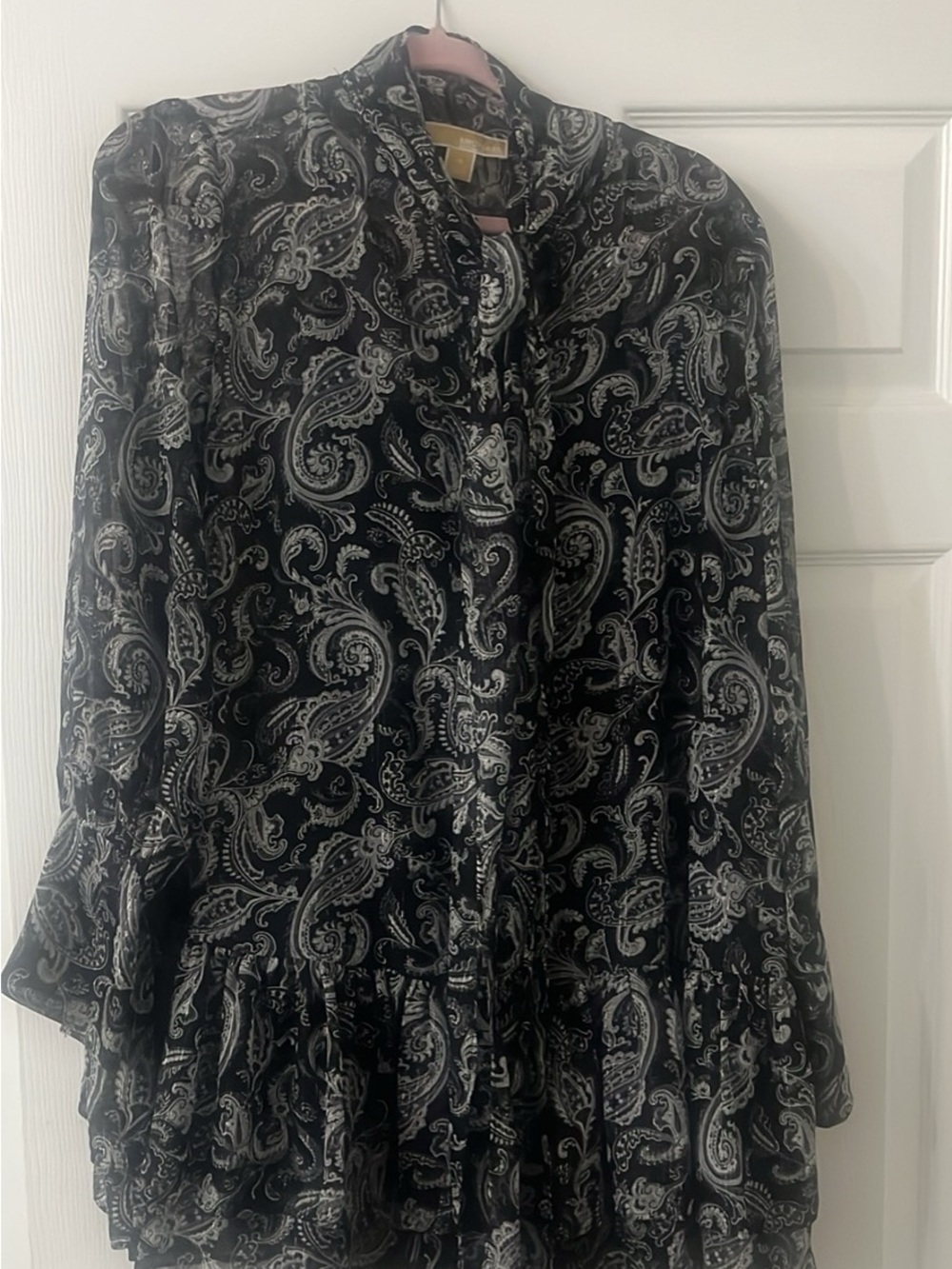 MICHAEL Michael Kors Black and White Paisley Long-Sleeve Ruffle Dress
